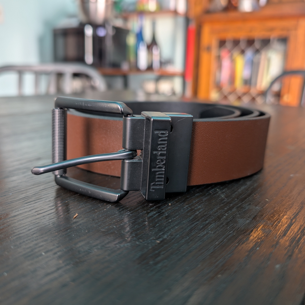 Timberland Black/Brown Leather Belt with Black Reversible Buckle Size Large